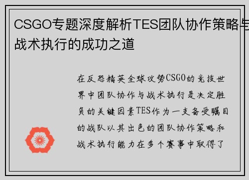 CSGO专题深度解析TES团队协作策略与战术执行的成功之道